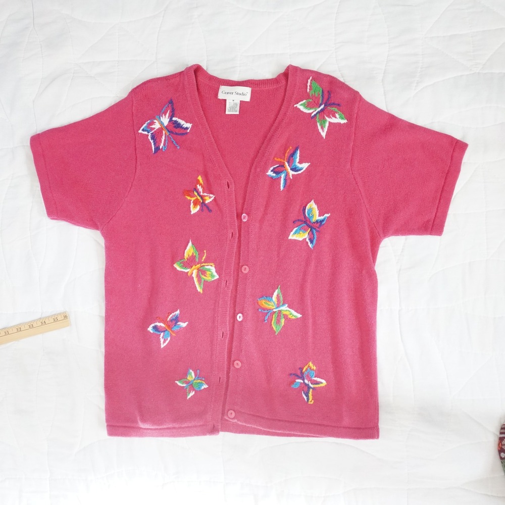 Graver Studio Pink Butterfly Embroidered Button Up Cardigan Sweater M Grannycore